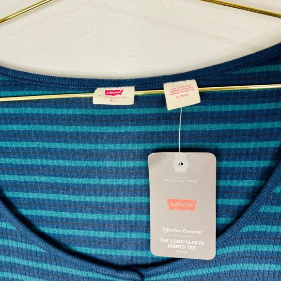 Levi’s Women’s LONG SLEEVE BRITT SNAP FRONT TOP  Green and Navy Stripes Size XL - Picture 9 of 12